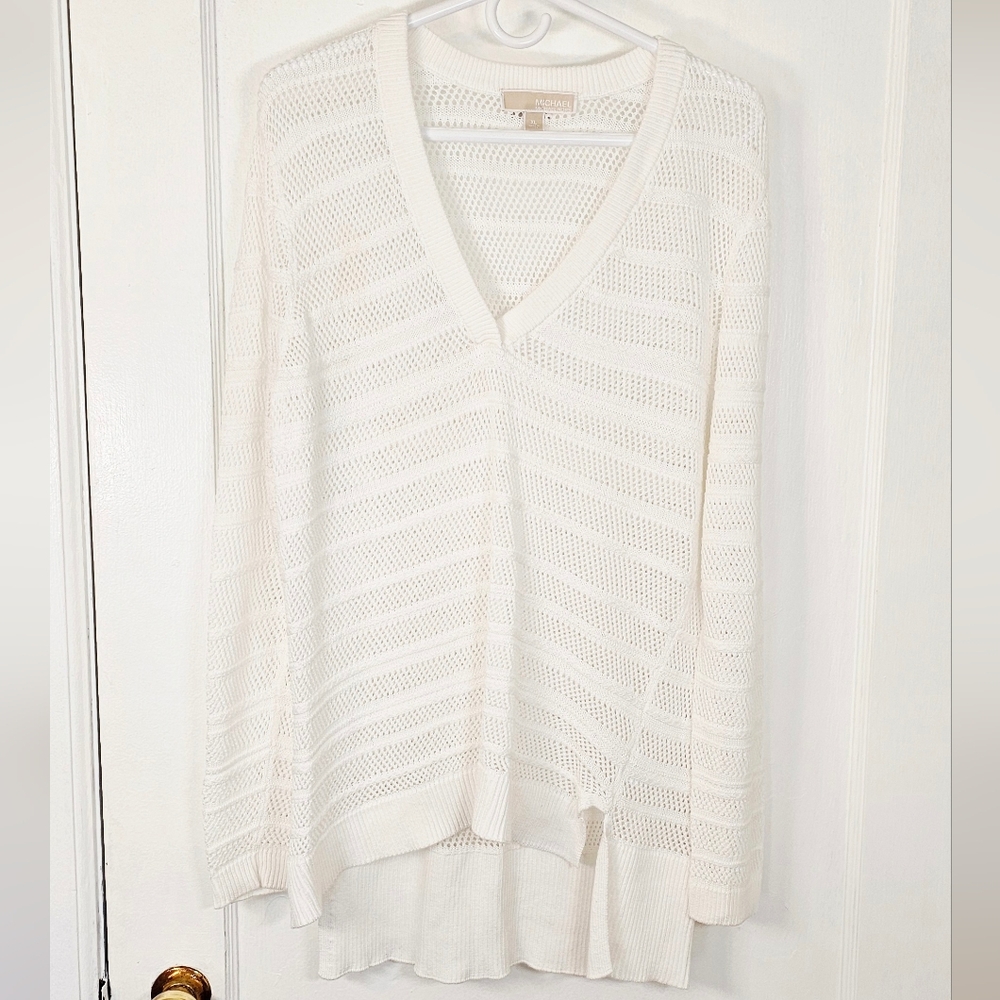 White Crochet V-Neck Sweater